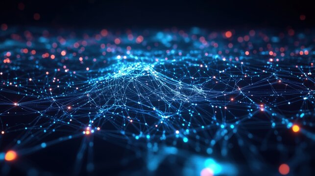 Futuristic digital network with glowing blue, red nodes, holographic cyber aesthetic, 2000s vibe. Iridescent, connected data lines. Headers, web designs, futuristic apps, creative digital visuals. - Powered by Adobe