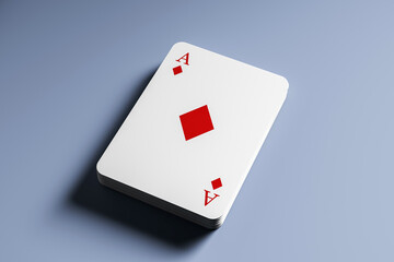 Stack of playing cards with ace of diamonds on top placed on smooth blue gradient background, viewed from above in clean modern composition. 3D Rendering