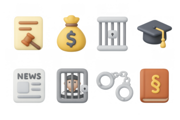 3d legal and justice icons: money, prison, education symbols