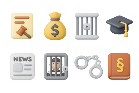 3d legal and justice icons: money, prison, education symbols