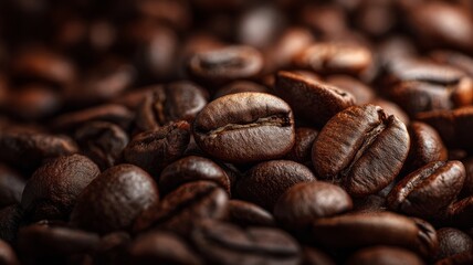 Close-up of roasted coffee beans in warm light. Artificial intelligence image