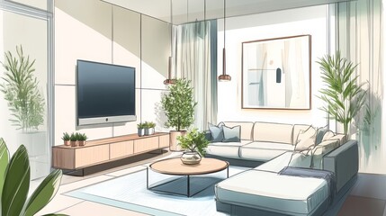 Fototapeta premium Architecture sketch of living room in blueprint design 