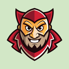 Cartoon head of a superhero in a red costume with a beard