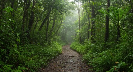 Fototapeta premium Misty Rainforest Path: Lush Green Foliage and Tranquil Atmosphere