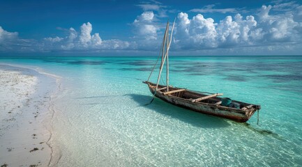Tranquil turquoise shallows, a wooden dhow boat rests near a pristine beach