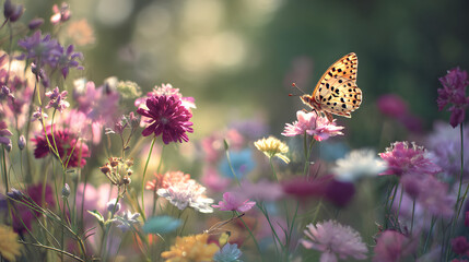 Enchanting Floral Realm: A delicate butterfly rests on a vibrant wildflower amidst a lush, colorful flower field, creating a scene of pure serenity and natural beauty.