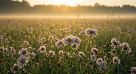 Naklejka premium Misty Field of White and Purple Flowers at Sunrise