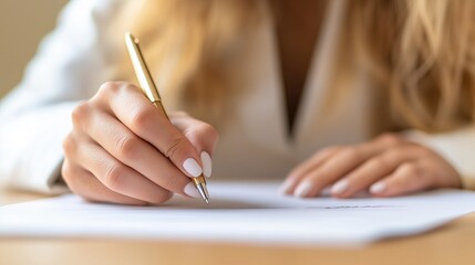 Close-up of female hand writing with gold pen on paper