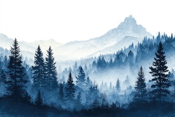 Misty mountain range with dark silhouettes of evergreen trees
