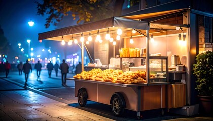 Food Cart Selling Fried Dough at Night with City Lights
