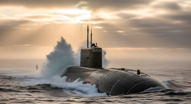 Telephoto Ohio Class SSBN Emerging from Mist with Morning Light and Waves