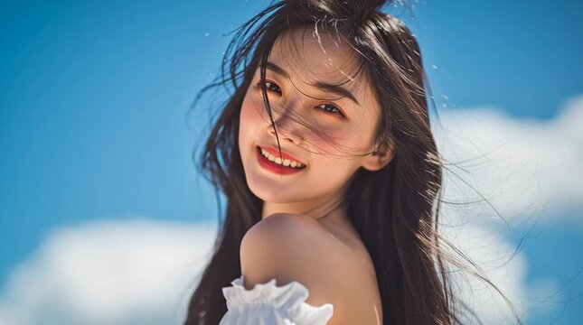 Woman with long black hair posing against a sky background