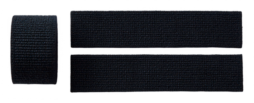 Two rectangular pieces of dark navy fabric, possibly ribbon or trim