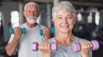 Active senior woman lifting dumbbells in gym, promoting healthy lifestyle, fitness, strength and aging well with positive energy and motivation. Selective focus.