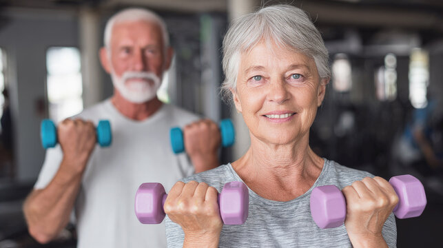 Active senior woman lifting dumbbells in gym, promoting healthy lifestyle, fitness, strength and aging well with positive energy and motivation. Selective focus.