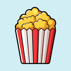 Cartoon Popcorn in a Striped Container on a Light Blue Background