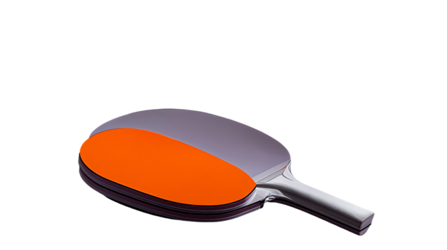 A ping pong paddle with orange and gray rubber on a black surface on transparent background