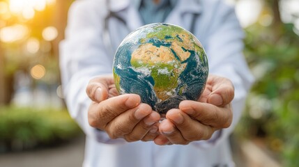 Scientist holding globe model in natural landscape, white lab coat, warm light for International Day for the Preservation of the Ozone Layer