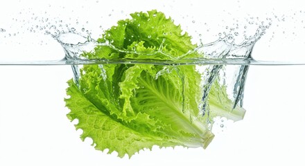 Lettuce Leap Fresh Greens Plunge into Refreshing Water with White Backdrop.