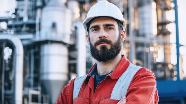 Confident industrial worker in red uniform and hard hat standing at a refinery, looking at the camera with folded arms, symbolizing safety, expertise and professionalism.