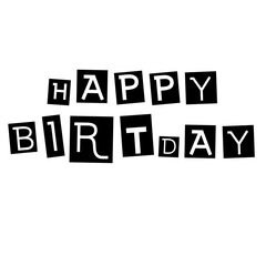 Design a celebratory illustration spelling out “HAPPY BIRTHDAY” with each letter placed in its own black square.