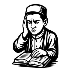 Black and White Vector of Madrasah Student Reading with Hand on Head