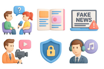 3d media concepts including interview, fake news, privacy, and podcast