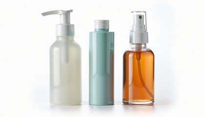 Naklejka premium Three cosmetic bottles in various shapes and colors. The first is a white pump bottle, the second is a light blue cylindrical bottle, and the third is a brown spray bottle.