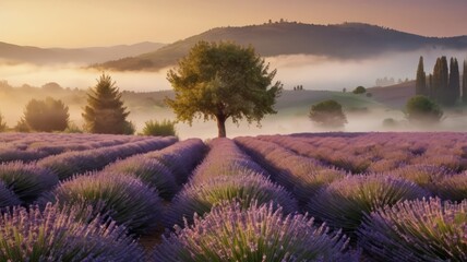 Obraz premium Dreamy lavender fields at sunrise, gentle fog, soft golden light, natural landscape background
