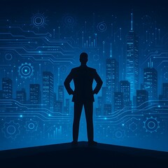 Confident Businessman Silhouette Over Futuristic Smart City Digital Network Background