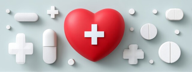 Obraz premium Stylized red heart with soft glow and medical symbols, clean geometric design for World Heart Day health awareness