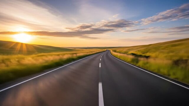 Open road ahead under golden sunrise, driving towards new opportunities in scenic countryside