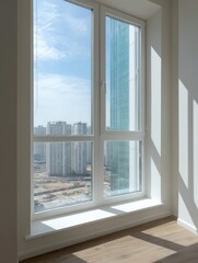 Sunlight streams through a large window, showcasing a city view