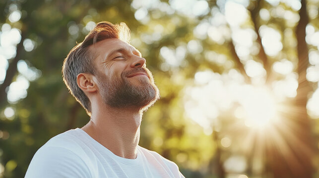 Man enjoying sunlight with eyes closed and serene smile, captured in warm golden hour in a natural outdoor setting, evoking peace and contentment.