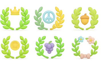 Collection of colorful 3d wreath emblems with crown, peace sign, acorn