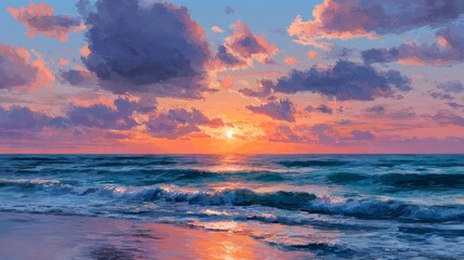 Obraz premium Vibrant ocean sunset with dramatic clouds. Artificial intelligence image