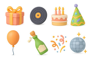 3d celebration icons set with cake, gift, and disco ball for party themes