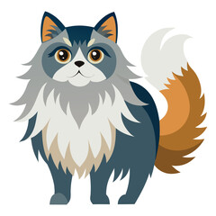 Cute fluffy cartoon cat with big eyes and bushy tail