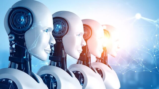 A row of futuristic robots with white, smooth skin and glowing blue eyes, set against a blue and white background, with connection lines