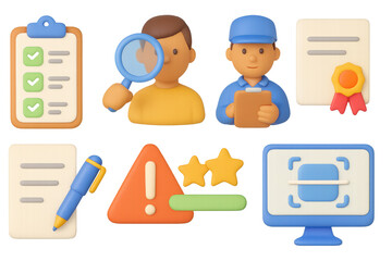 3d office management icons: checklists, alerts, communication, certifi