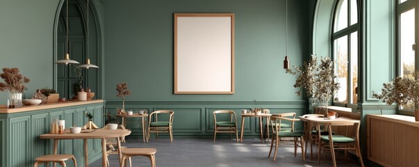 A cozy cafe with sage-green walls, wooden furniture, and natural light