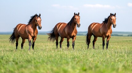 Majestic Wild Horses Galloping Across Lush Green Grassland
