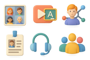 3d cartoon style icons for video conferencing, online learning, and ne