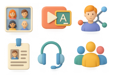 3d cartoon style icons for video conferencing, online learning, and ne