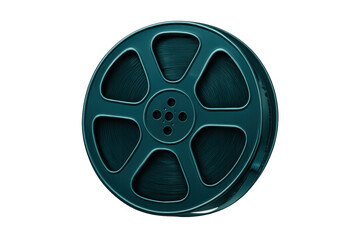 Obraz premium Vintage metallic teal film reel spinning, highlighting cinematic nostalgia against transparent backdrop