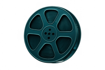 Vintage metallic teal film reel spinning, highlighting cinematic nostalgia against transparent backdrop