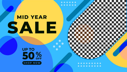 SUMMER SALE OFFERS AND PROMOTION 50 PERCENT OFF. TEMPLATE BANNER DESIGN.COLORFUL FLAT BLUE BACKGROUND VECTOR. GOOD FOR SOCIAL MEDIA POST, COVER , POSTER 