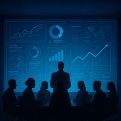 Silhouetted business team meeting, analyzing glowing digital data charts and graphs, futuristic corporate presentation.