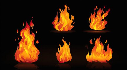 Six stylized fire flames on a black background.  Each flame has a different dynamic, with varying degrees of height and splatter.  Reflections suggest a surface below the flames