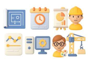 3d construction and planning icons with charts, planner, and worker elements